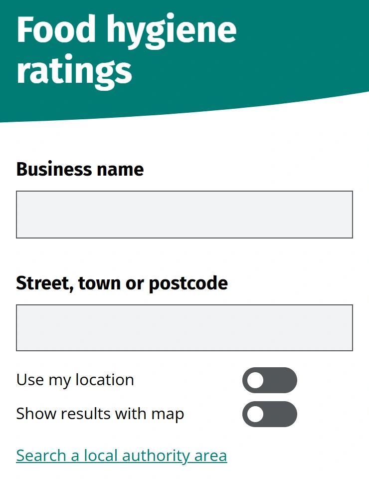 Food Standards Agency food hygiene rating search fields for business name, street town or postcode, location, map, and local authority