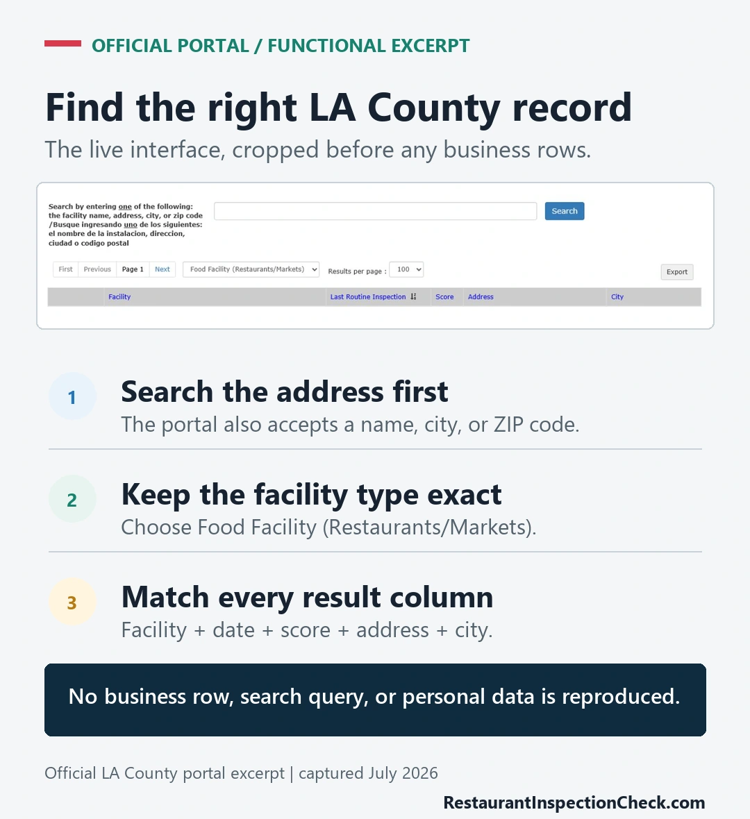 Official LA County food inspection portal controls for searching and matching a restaurant record