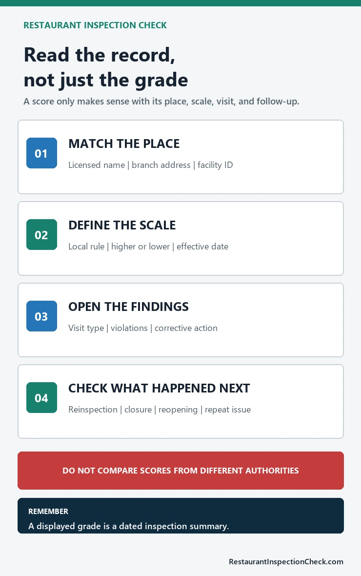 Four-step restaurant inspection record check covering facility match, local scale, findings, and follow-up