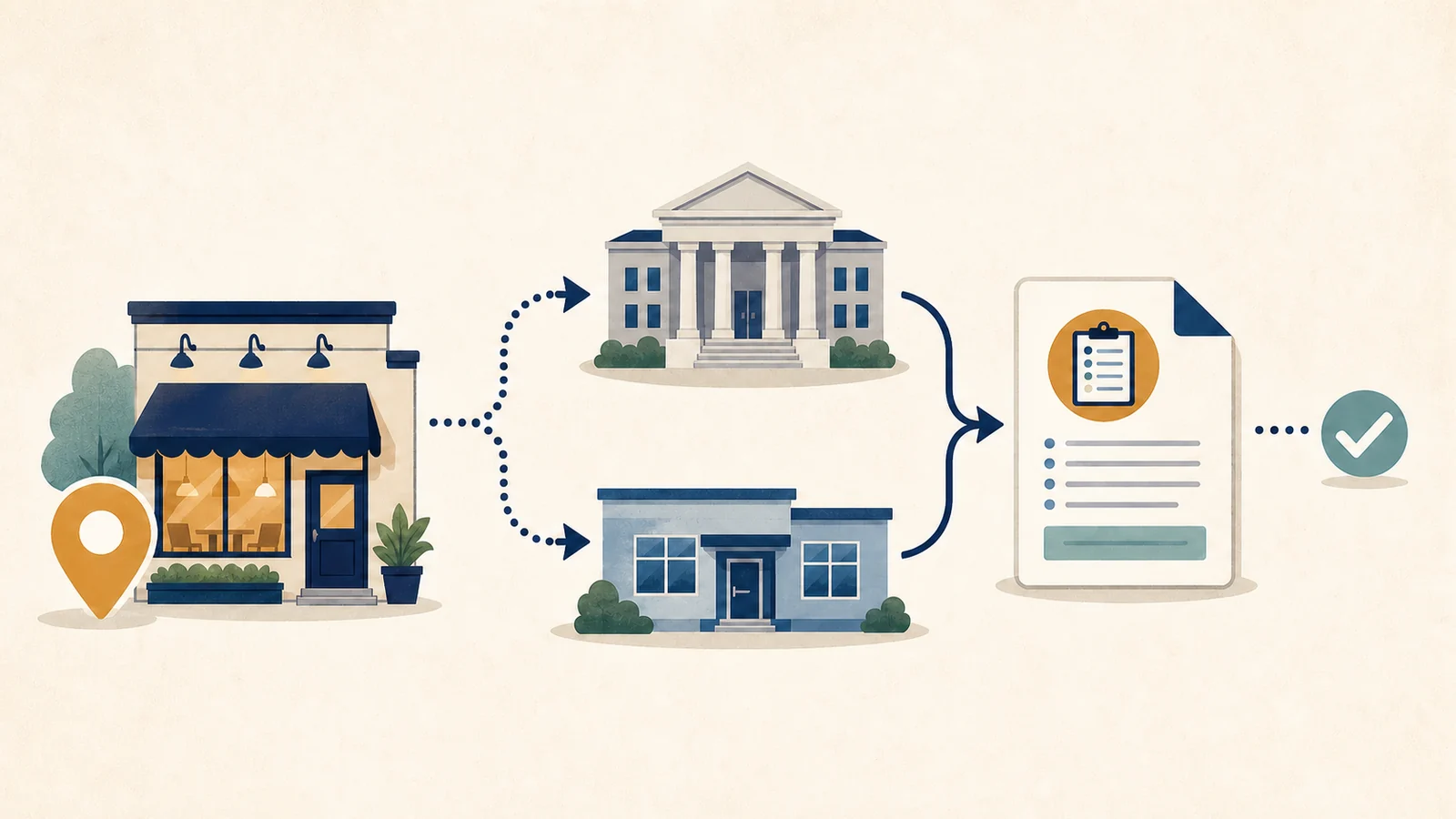 Illustrated Iowa restaurant inspection route from the restaurant address through state or local jurisdiction to a dated report and follow-up